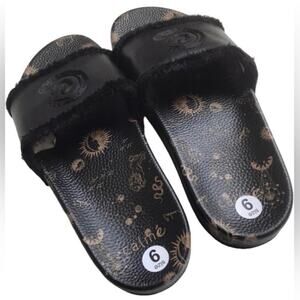 Johnny Was Calme Slide Sandals Astrology Black Size 9 Faux Fur Lined Strap